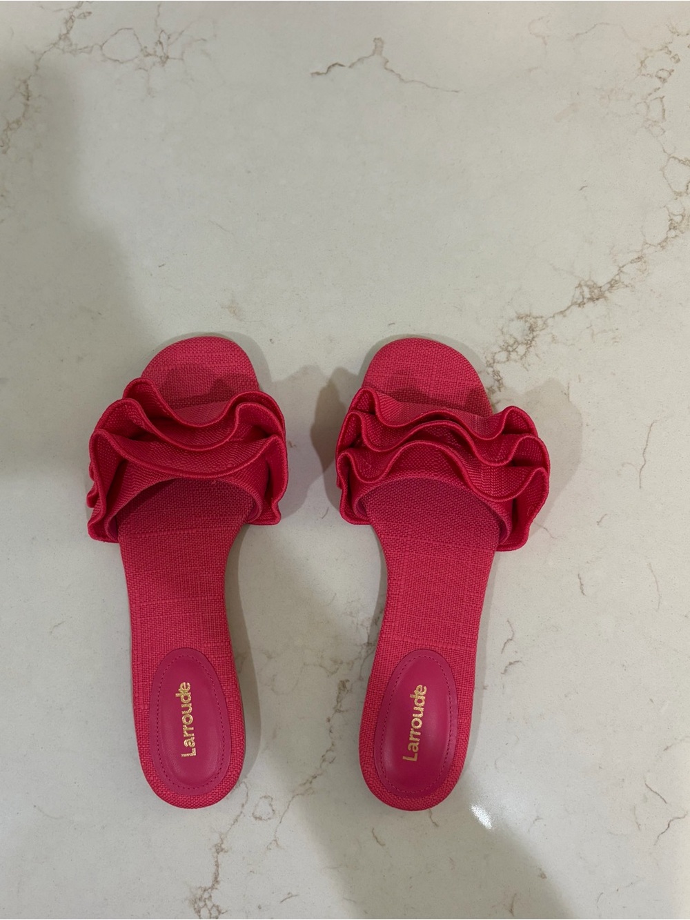 Larroude Pink Ruffled Slide Sandals